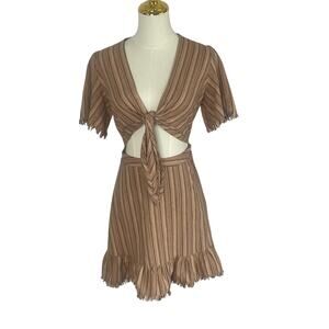 Astoria Striped Neutral Boho Hippie Cut Out Tie Linen Cotton Mini Dress Size M